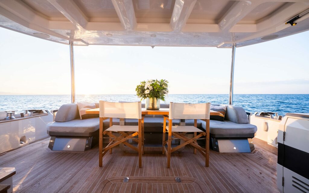 OMNIA aft deck dining with sea view, yacht charter French Riviera