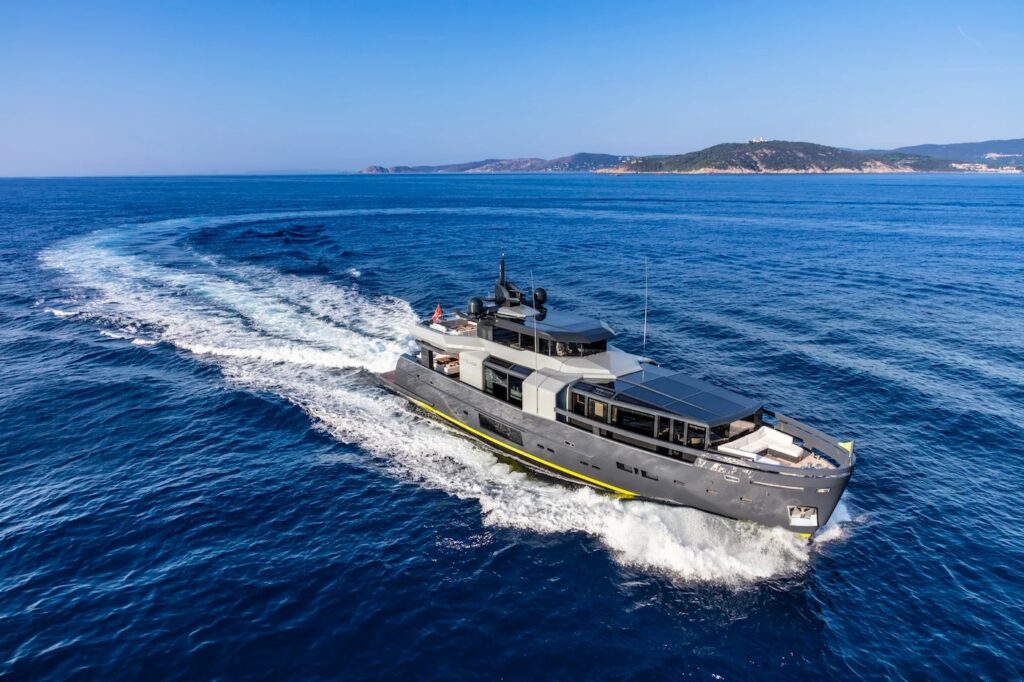 SEA CORAL II — aerial view crossing open water, charter Cote d Azur