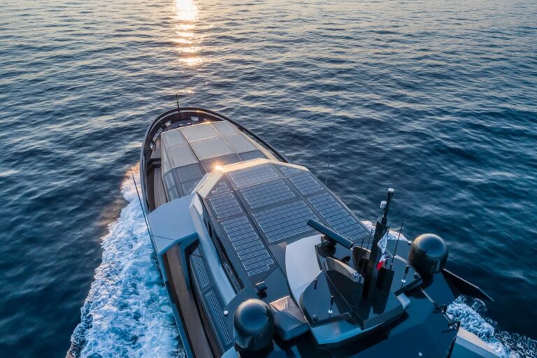 SEA CORAL II — stern quarter with wake at sunset, charter Cote d Azur