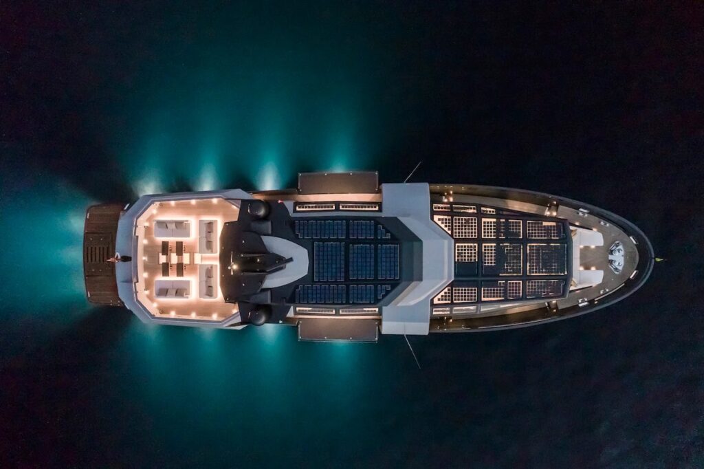 SEA CORAL II — overhead night view with underwater lights, charter Cote d Azur