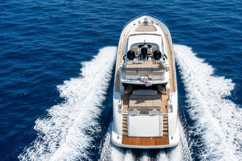 RAMSES II — aerial view of the Leopard 32 underway, charter Côte d'Azur