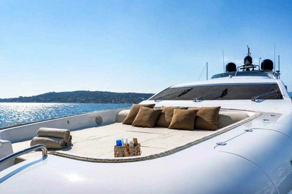 RAMSES II — forward deck sun lounge area, charter Côte d'Azur