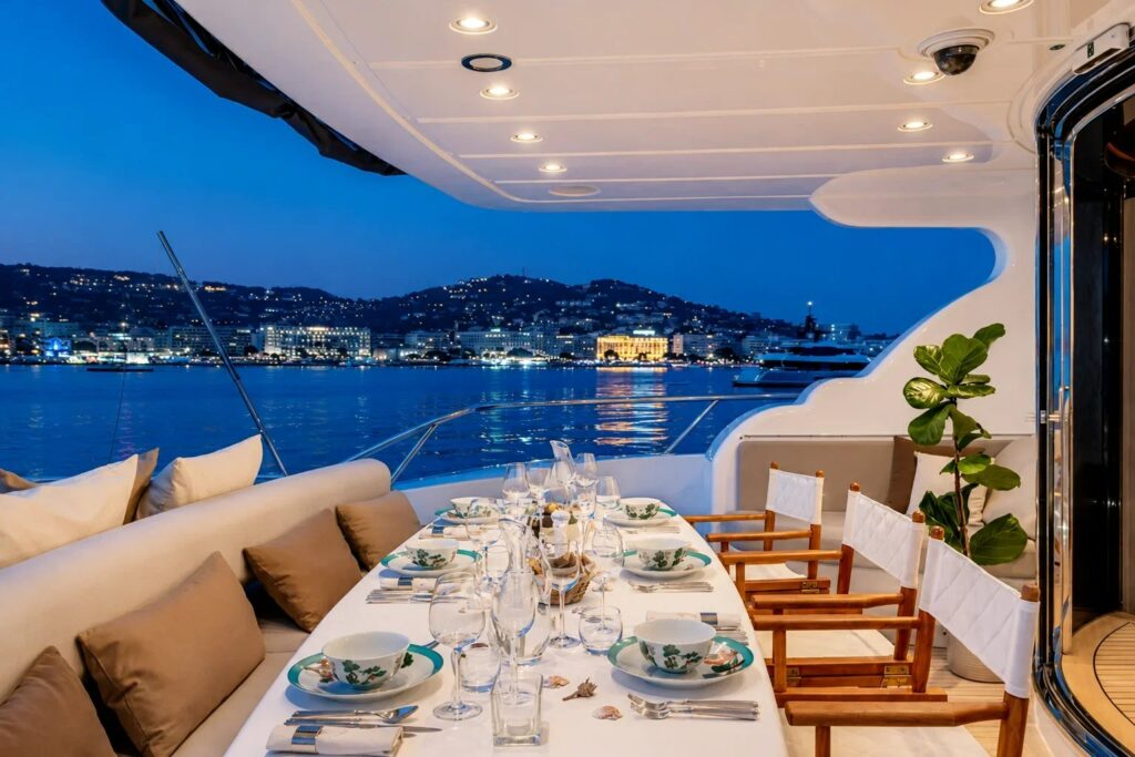RAMSES II — main aft deck dining by night off Cannes, charter Côte d'Azur