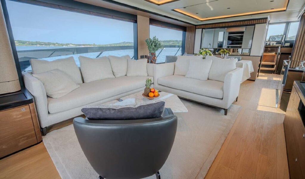 SEMELA — main salon seating, charter Côte d'Azur